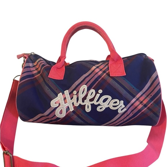 Vintage Tommy Hilfiger 13”x10”Plaid Academia Duffle Crossbody Bag Pink Blue - Picture 3 of 16